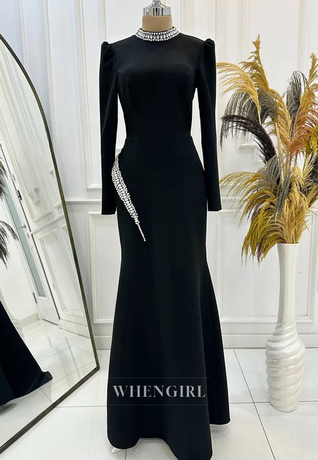 Elegant Long Sleeves Sheath Prom Dress High Neck Long Satin Formal Dress with Beaded
