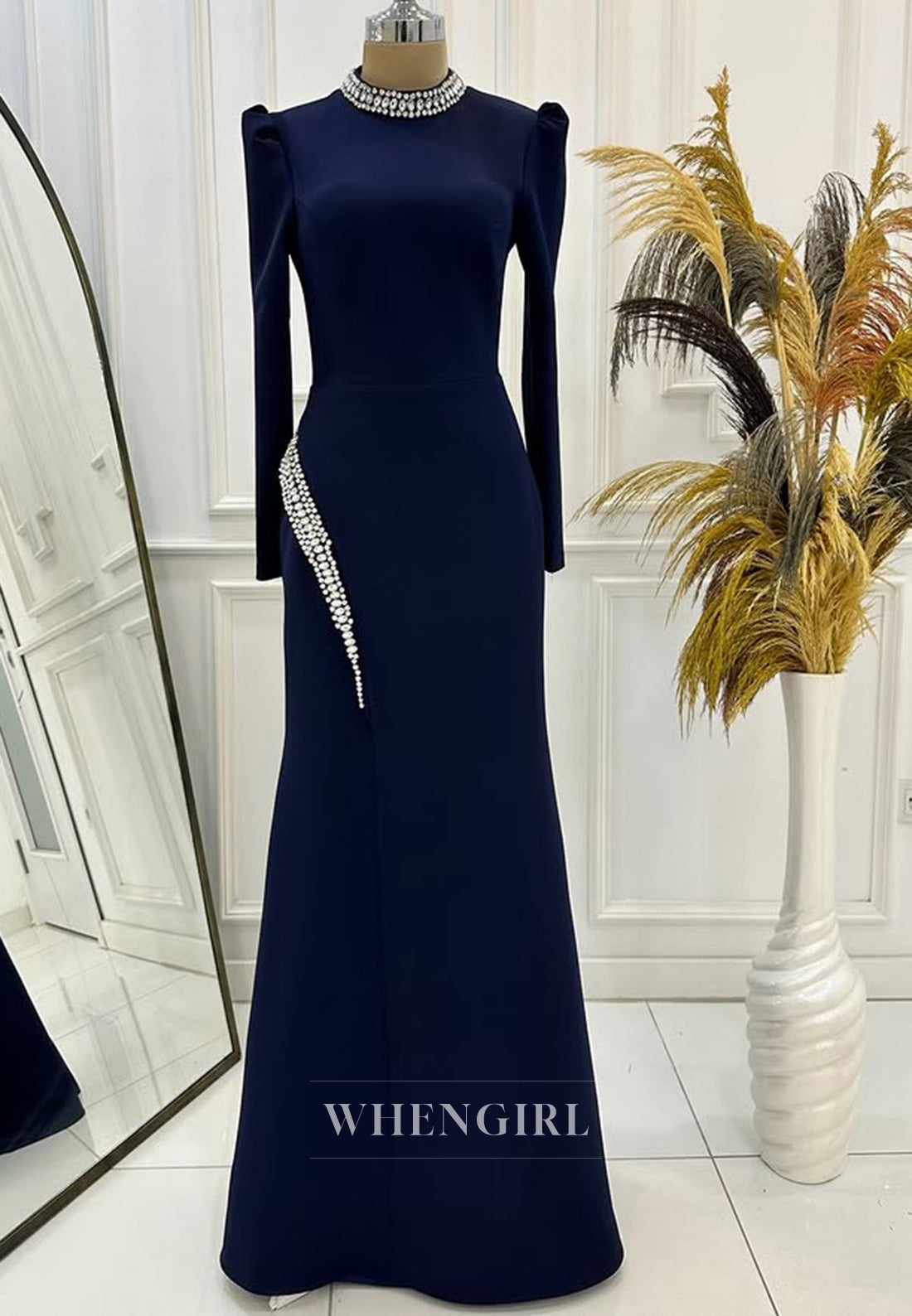 Elegant Long Sleeves Sheath Prom Dress High Neck Long Satin Formal Dress with Beaded