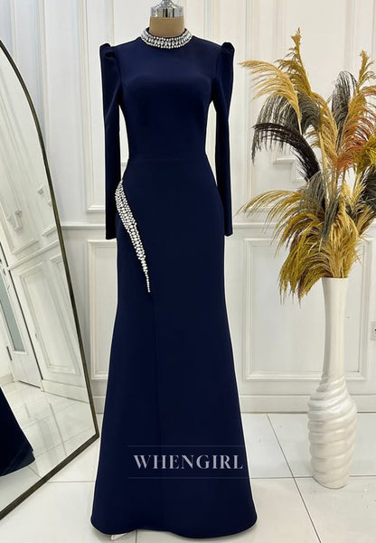 Elegant Long Sleeves Sheath Prom Dress High Neck Long Satin Formal Dress with Beaded