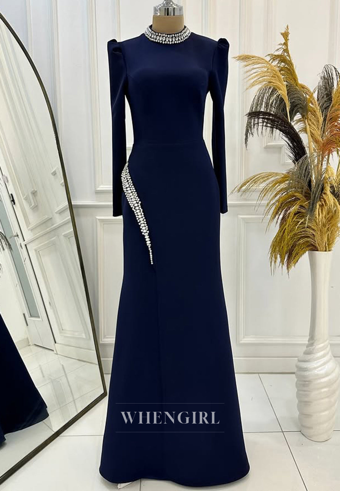 Elegant Long Sleeves Sheath Prom Dress High Neck Long Satin Formal Dress with Beaded