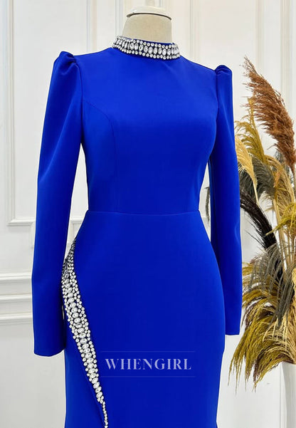 Elegant Long Sleeves Sheath Prom Dress High Neck Long Satin Formal Dress with Beaded