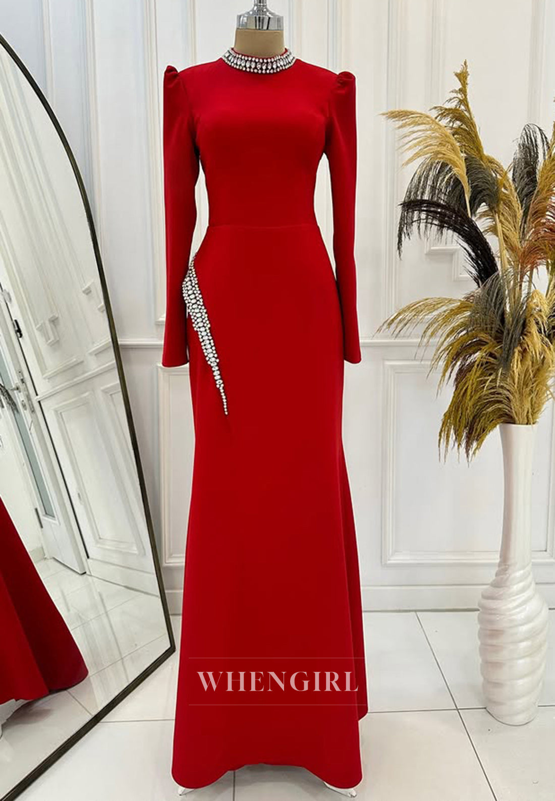 Elegant Long Sleeves Sheath Prom Dress High Neck Long Satin Formal Dress with Beaded