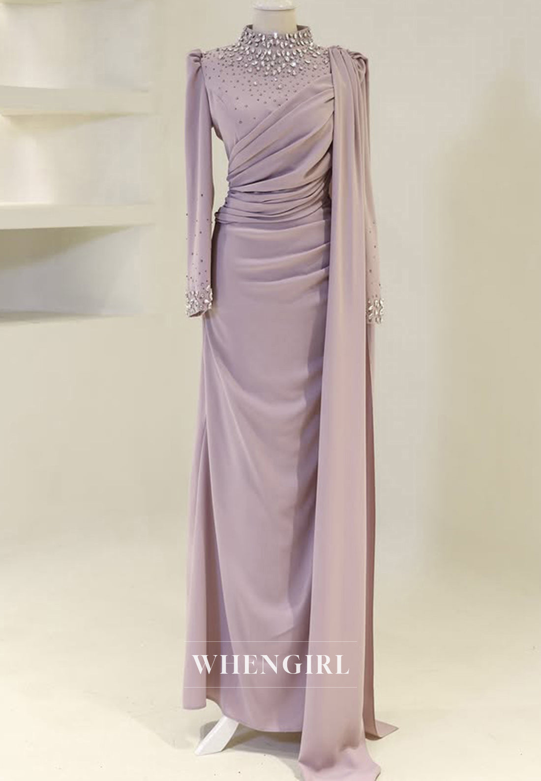 Elegant High Neck Long Sleeves Pleats Satin Formal Prom Dress with Beaded