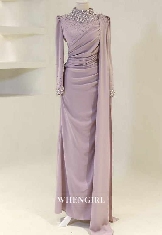 Elegant High Neck Long Sleeves Pleats Satin Formal Prom Dress with Beaded