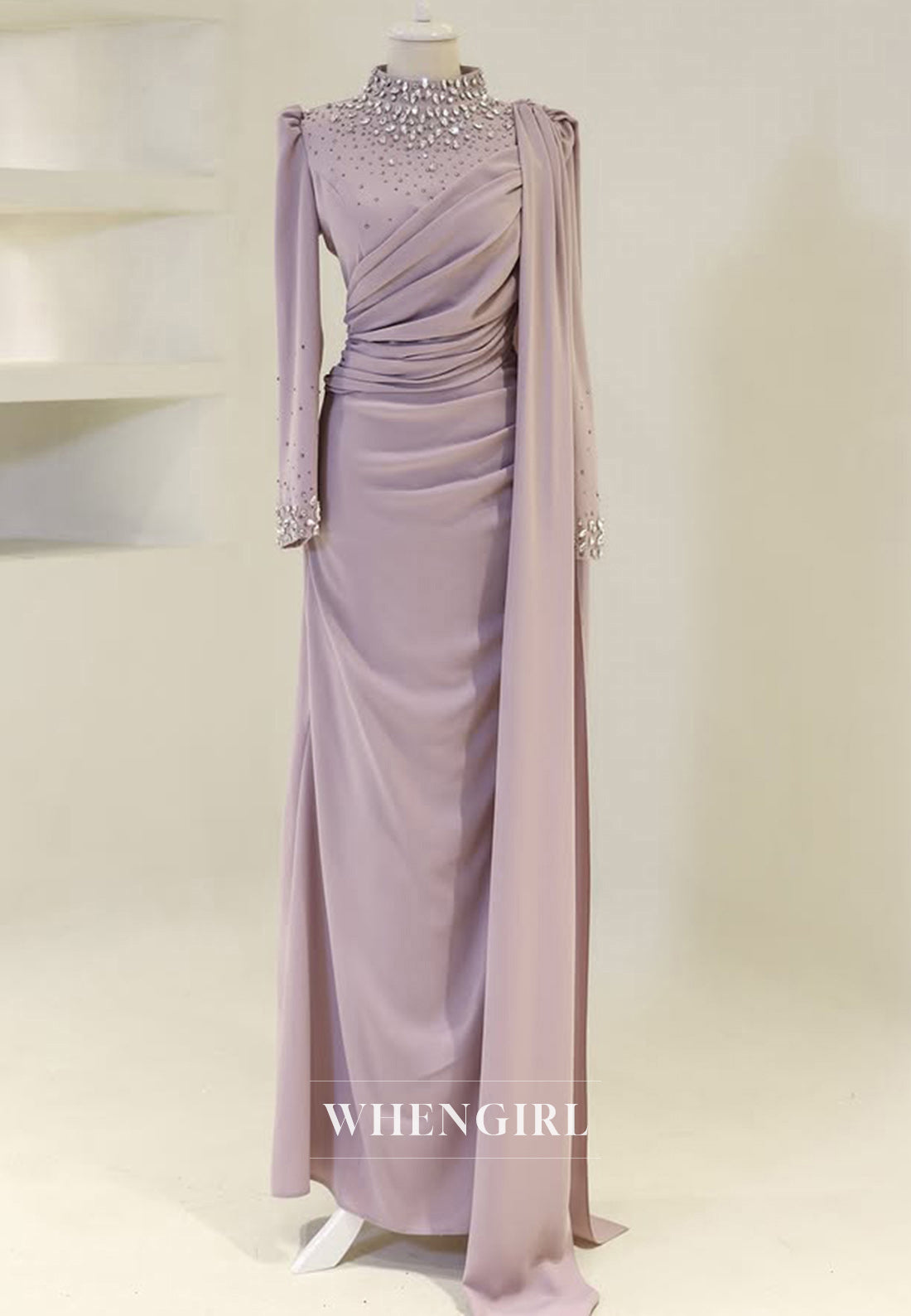Elegant High Neck Long Sleeves Pleats Satin Formal Prom Dress with Beaded
