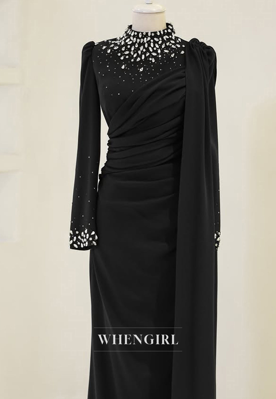 Elegant High Neck Long Sleeves Pleats Satin Formal Prom Dress with Beaded
