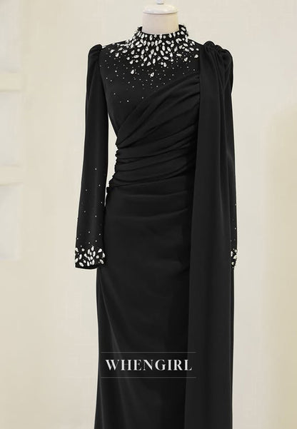 Elegant High Neck Long Sleeves Pleats Satin Formal Prom Dress with Beaded
