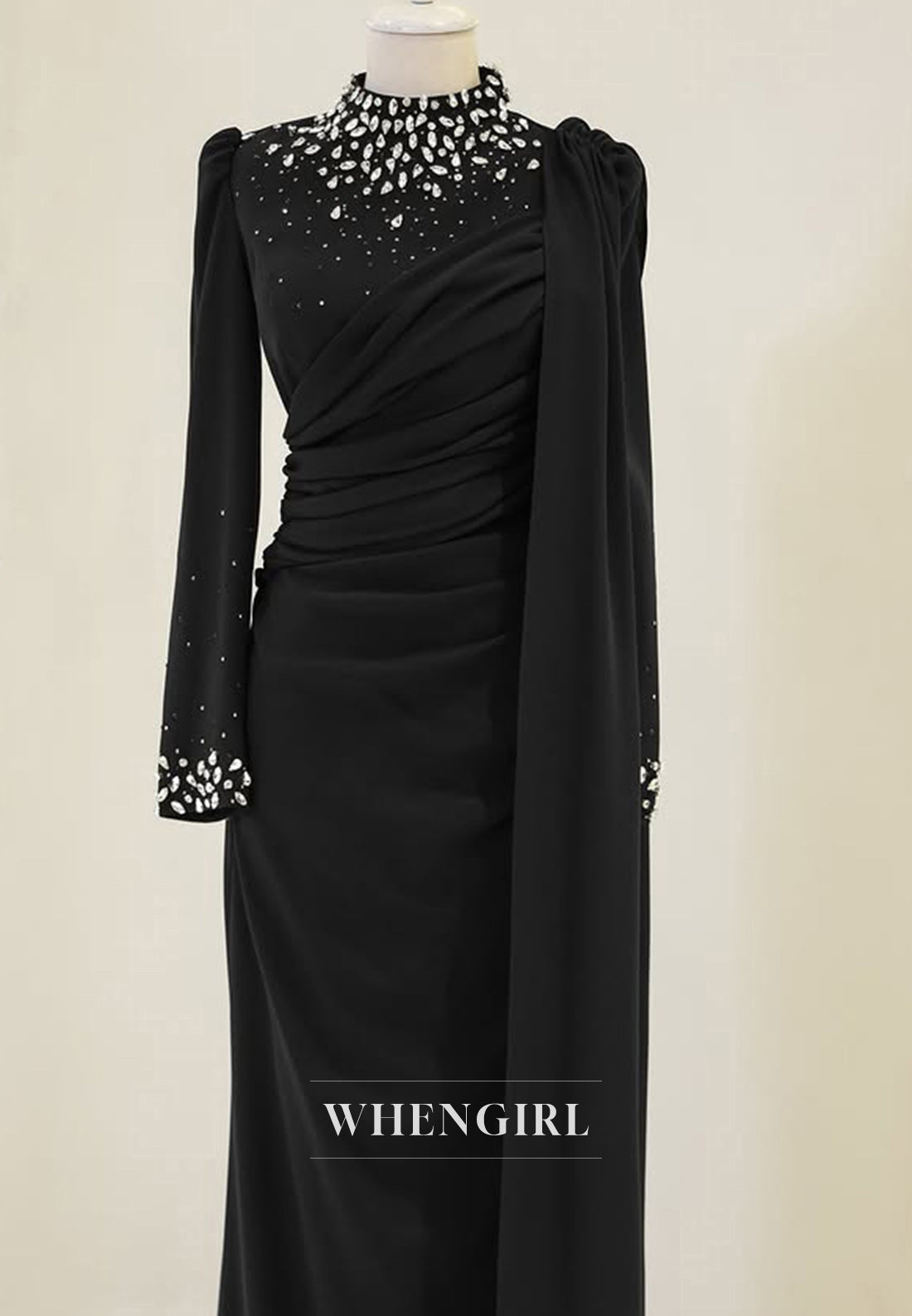 Elegant High Neck Long Sleeves Pleats Satin Formal Prom Dress with Beaded