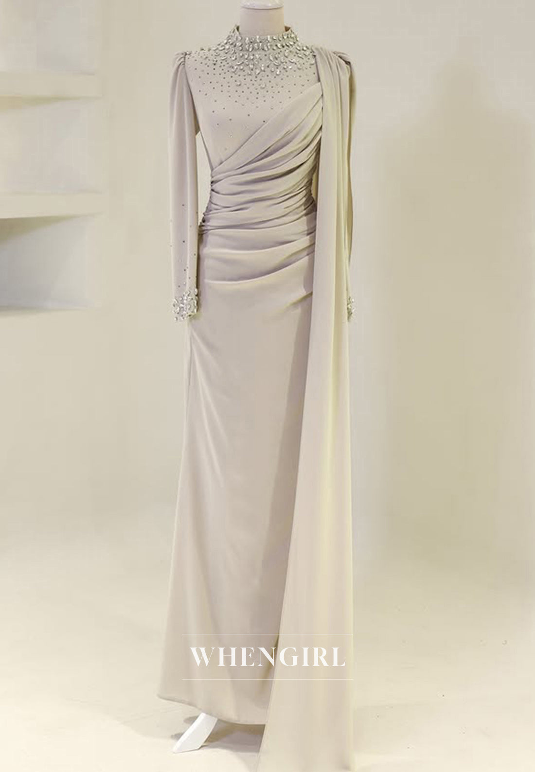 Elegant High Neck Long Sleeves Pleats Satin Formal Prom Dress with Beaded