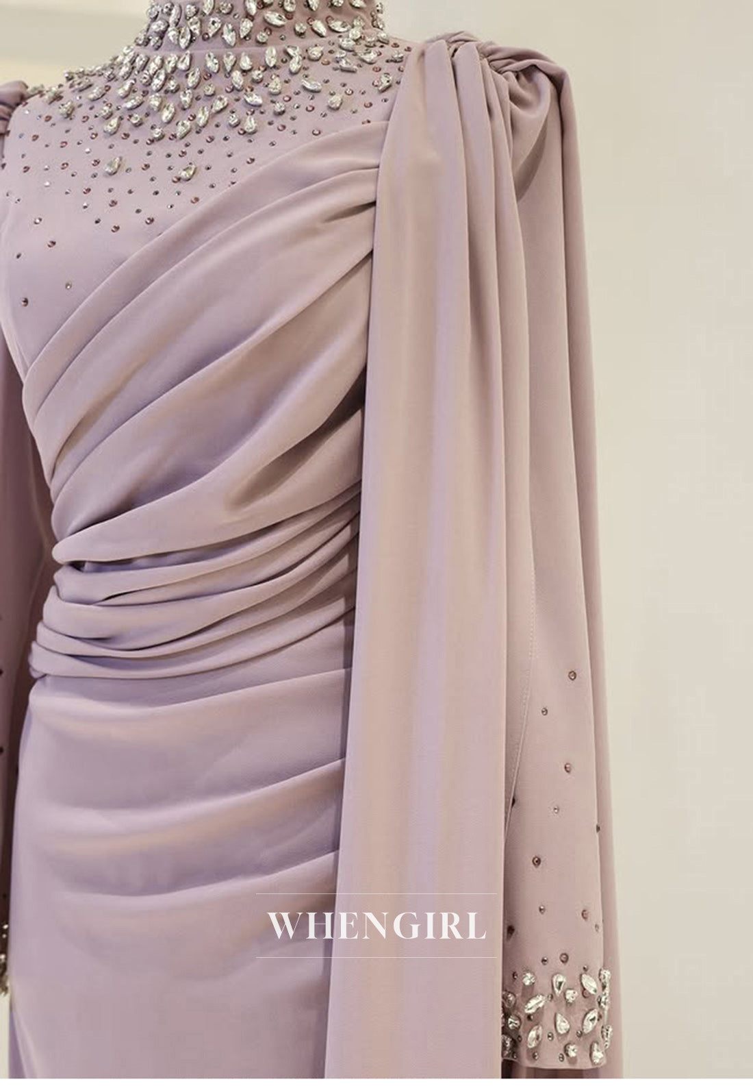 Elegant High Neck Long Sleeves Pleats Satin Formal Prom Dress with Beaded