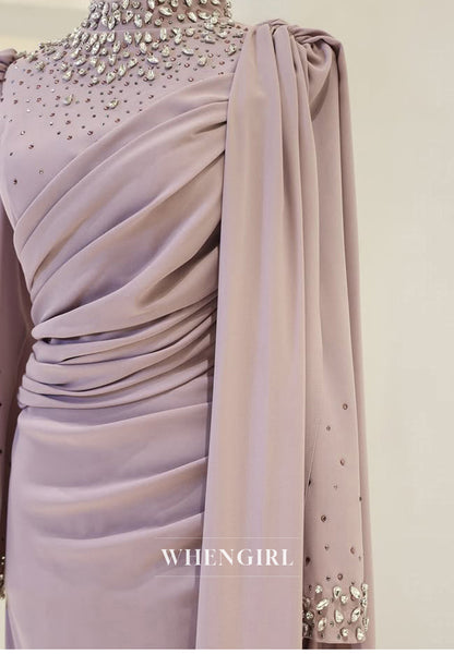 Elegant High Neck Long Sleeves Pleats Satin Formal Prom Dress with Beaded