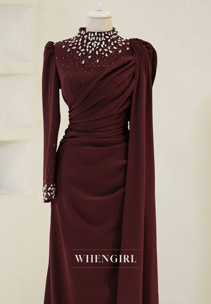 Elegant High Neck Long Sleeves Pleats Satin Formal Prom Dress with Beaded