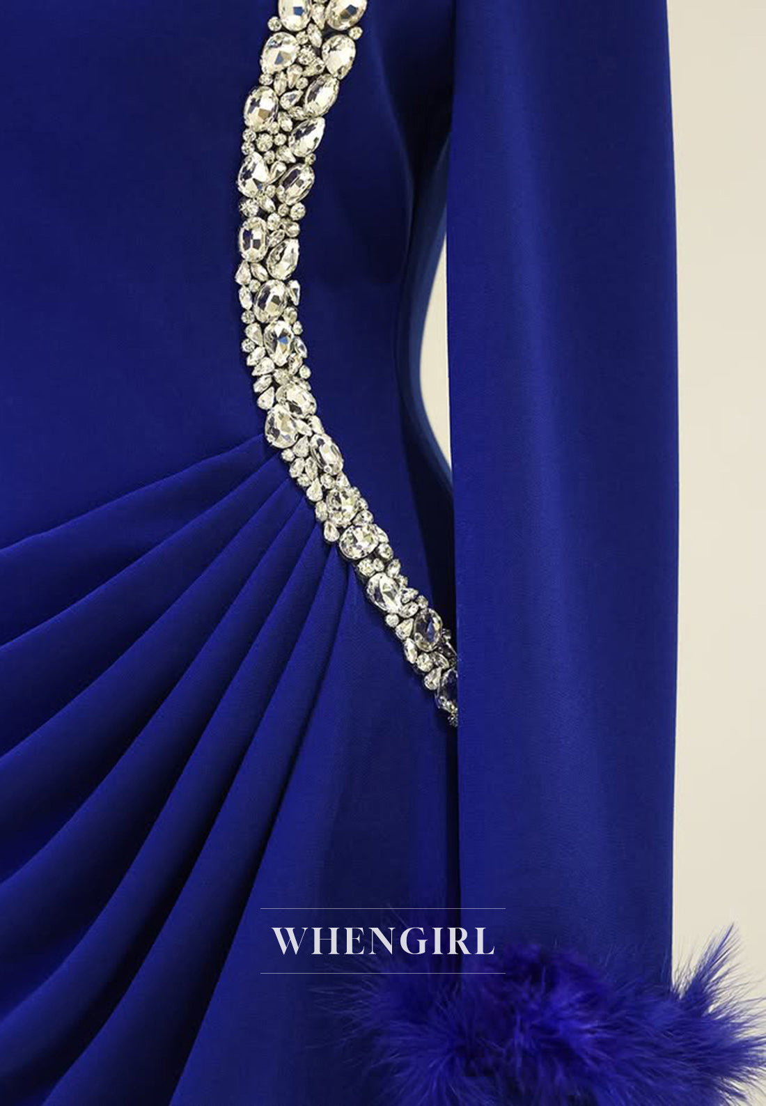 Gorgeous Long Sleeves Sheath Beaded Pleats Satin Long Formal Prom Dress with Feathers