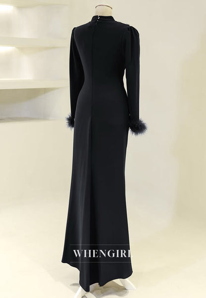 Gorgeous Long Sleeves Sheath Beaded Pleats Satin Long Formal Prom Dress with Feathers