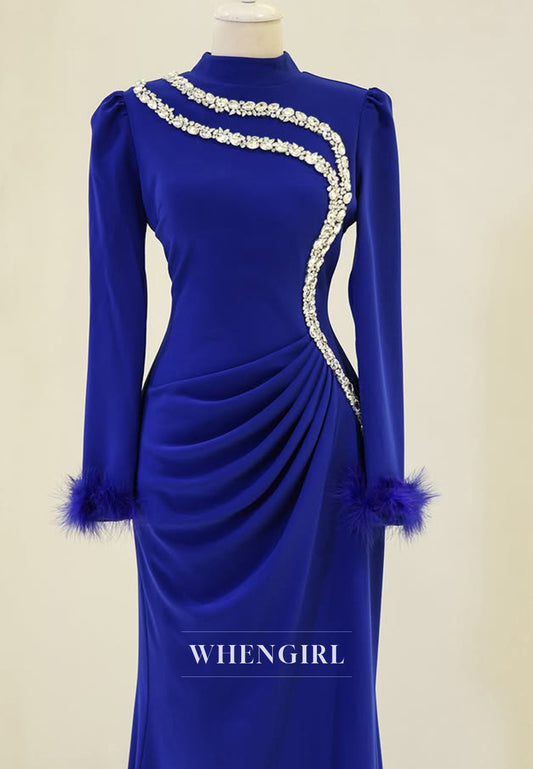 Gorgeous Long Sleeves Sheath Beaded Pleats Satin Long Formal Prom Dress with Feathers
