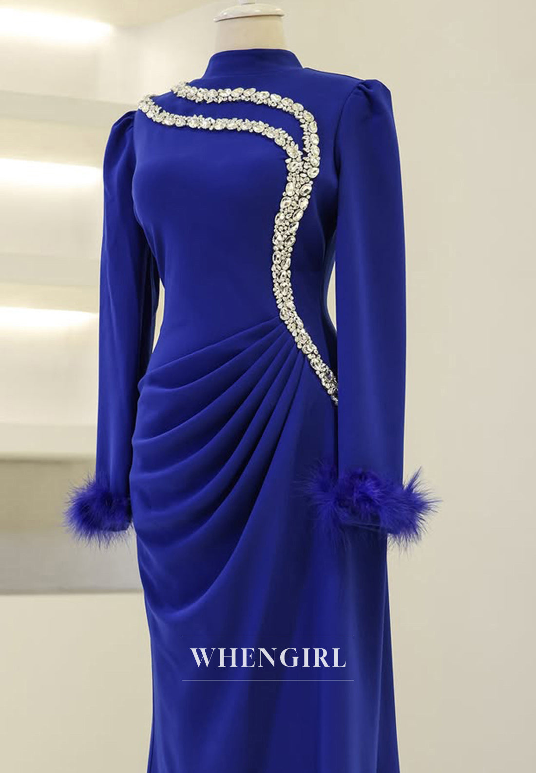 Gorgeous Long Sleeves Sheath Beaded Pleats Satin Long Formal Prom Dress with Feathers