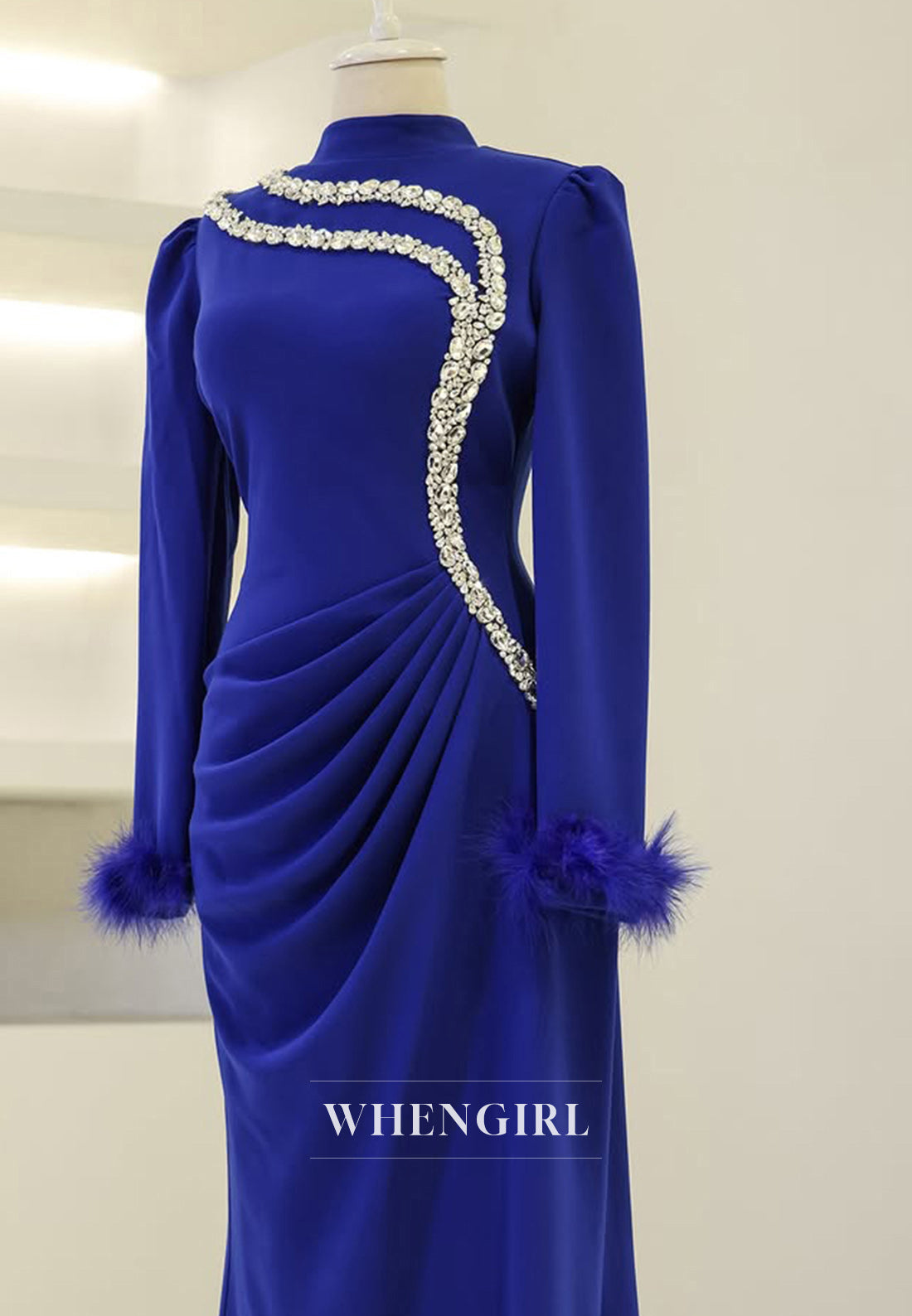 Gorgeous Long Sleeves Sheath Beaded Pleats Satin Long Formal Prom Dress with Feathers