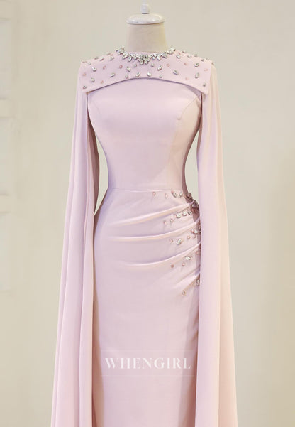 Sheath Rhinestones Beading Bateau Neck Pleated Long Sleeves Long Formal Evening Dress