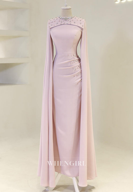 Sheath Rhinestones Beading Bateau Neck Pleated Long Sleeves Long Formal Evening Dress
