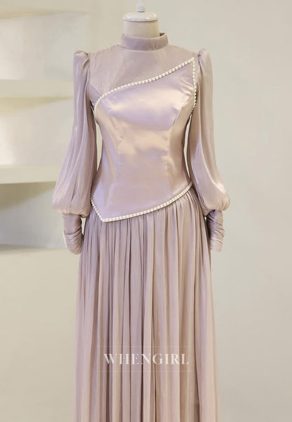 High Neck Long Sleeves Pearls Beading A-Line Back Zipper Long Evening Formal Gown
