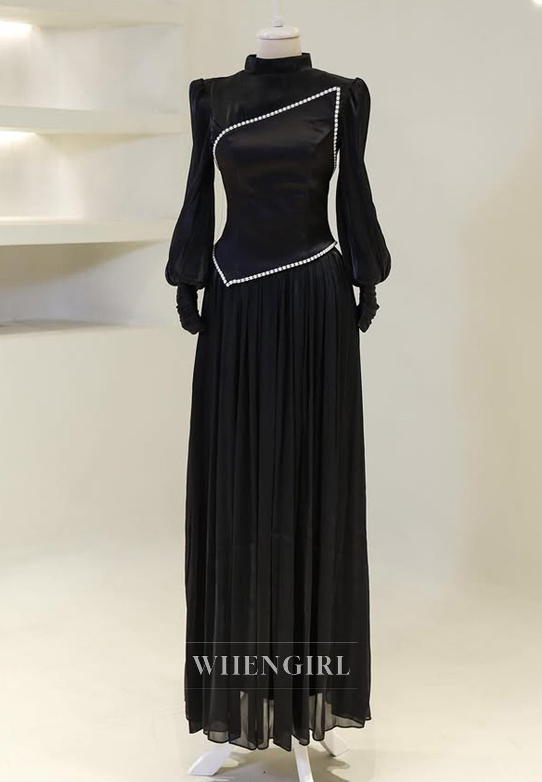 High Neck Long Sleeves Pearls Beading A-Line Back Zipper Long Evening Formal Gown