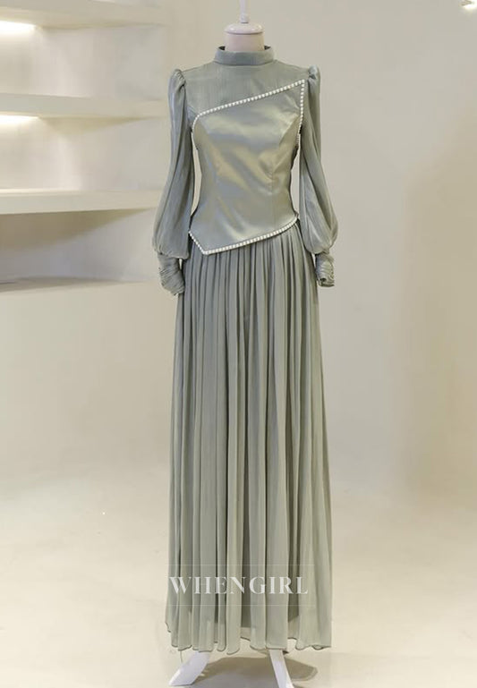 High Neck Long Sleeves Pearls Beading A-Line Back Zipper Long Evening Formal Gown