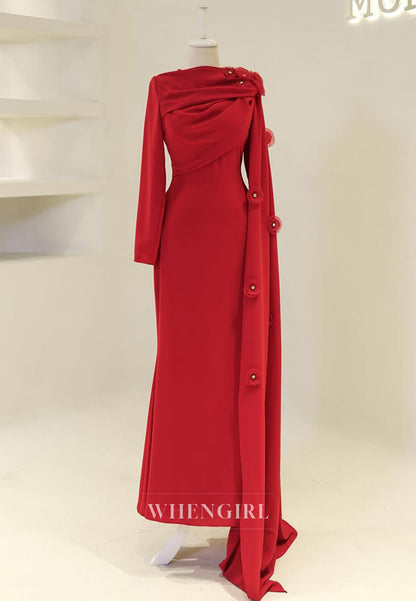 Sheath Long Sleeves 3D Flowers Bateau Neck Side Train Back Zipper Long Formal Evening Gown
