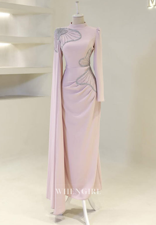 Long Sleeves Beaded Butterfly High Neck Ruched Sheath Formal Evening Gown