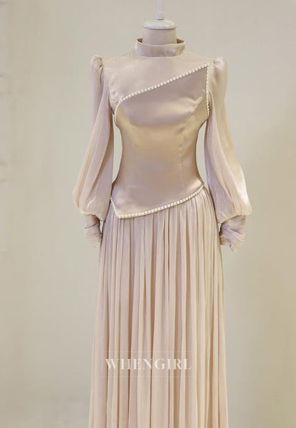 High Neck Long Sleeves Pearls Beading A-Line Back Zipper Long Evening Formal Gown
