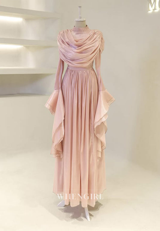 A-Line High Neck Long Bell Sleeves Ruched Floor Length Evening Formal Gown