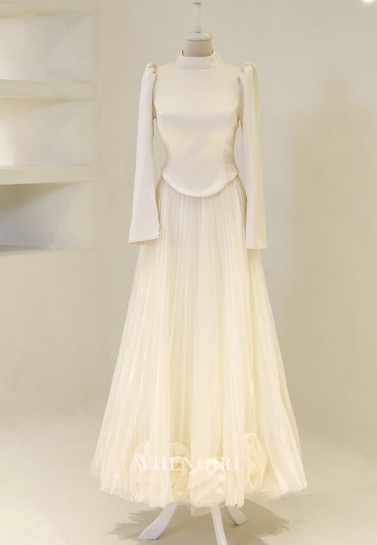 A-Line High Neck Long Sleeves 3D Flowers Back Zipper Long Formal Evening Gown
