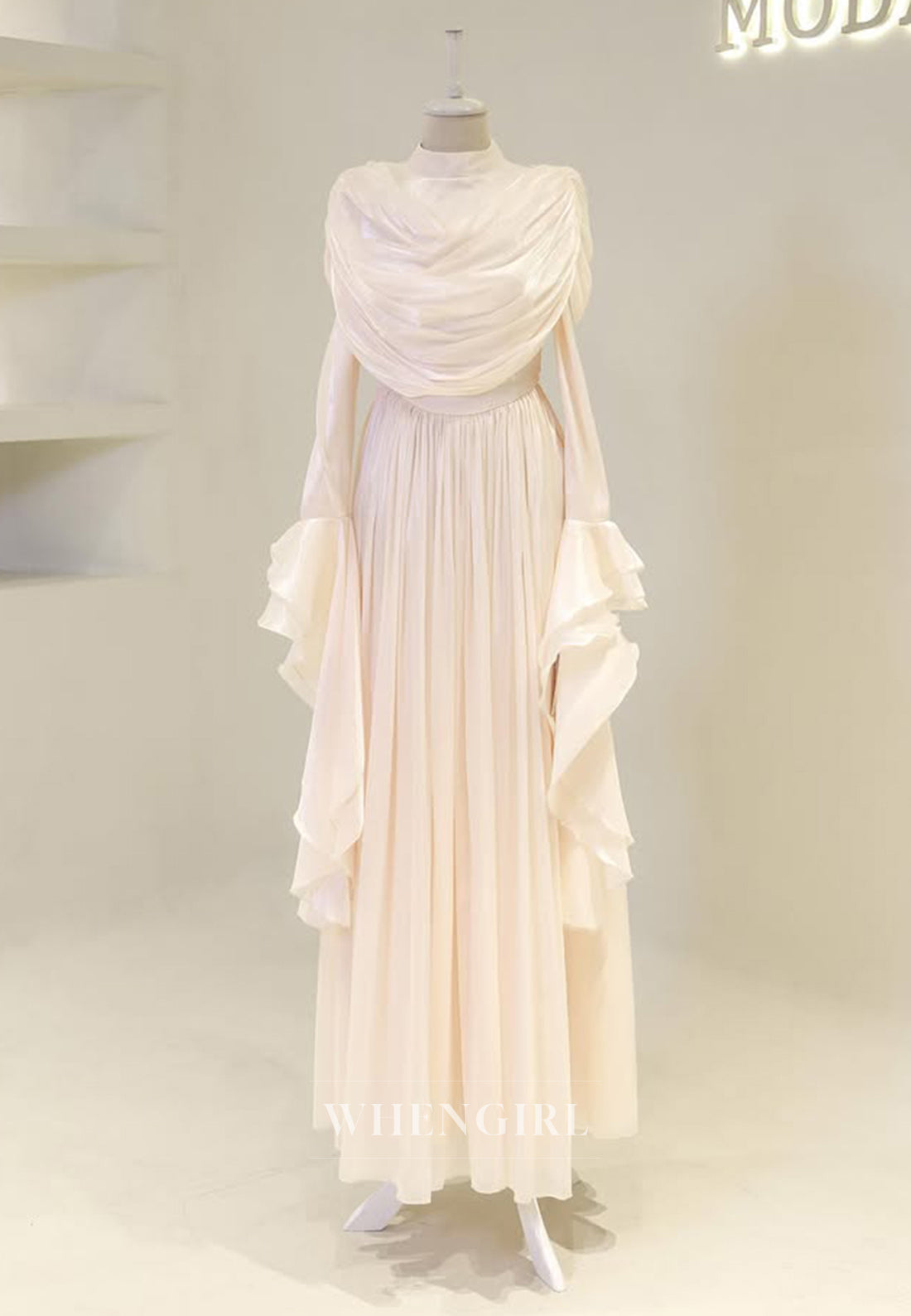 A-Line High Neck Long Bell Sleeves Ruched Floor Length Evening Formal Gown