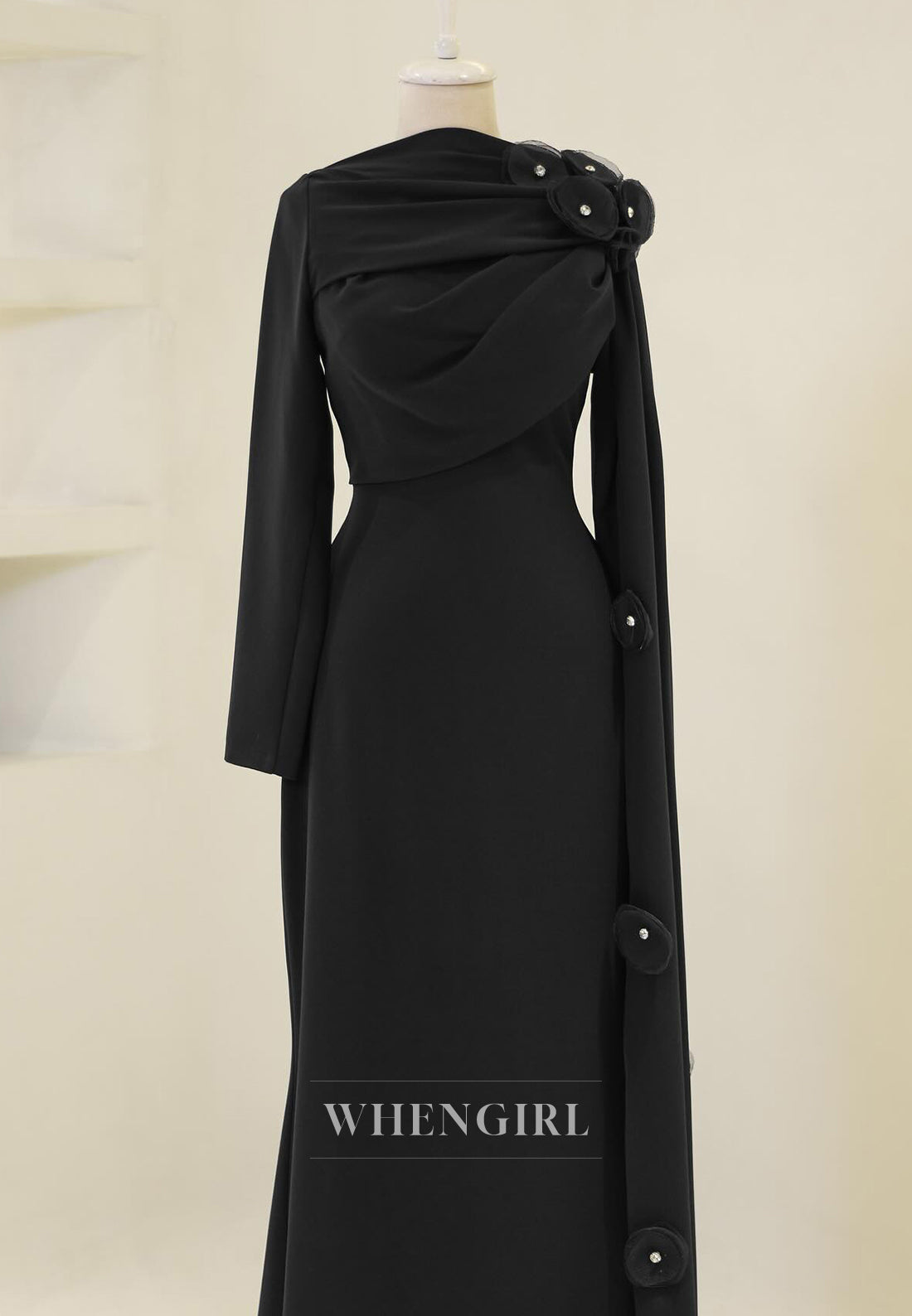 Sheath Long Sleeves 3D Flowers Bateau Neck Side Train Back Zipper Long Formal Evening Gown
