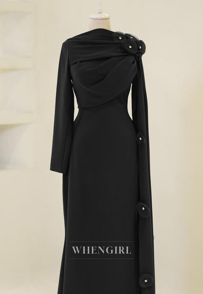 Sheath Long Sleeves 3D Flowers Bateau Neck Side Train Back Zipper Long Formal Evening Gown
