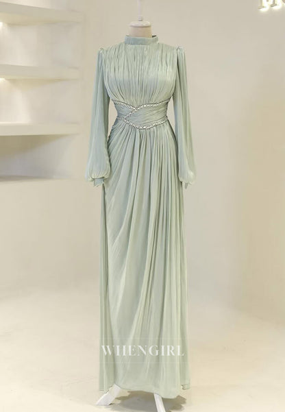 Long Sleeves Pleated Beaded A-Line Floor Length High Neck Sheath Formal Evening Gown