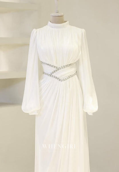 Long Sleeves Pleated Beaded A-Line Floor Length High Neck Sheath Formal Evening Gown