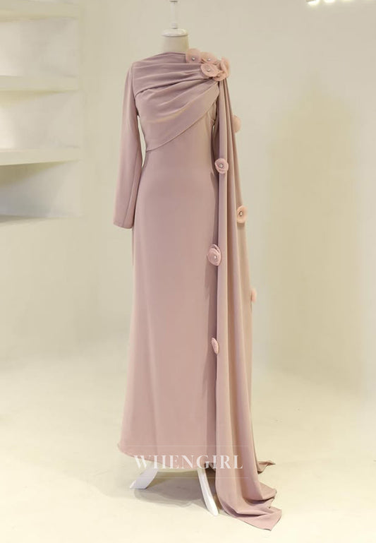 Sheath Long Sleeves 3D Flowers Bateau Neck Side Train Back Zipper Long Formal Evening Gown