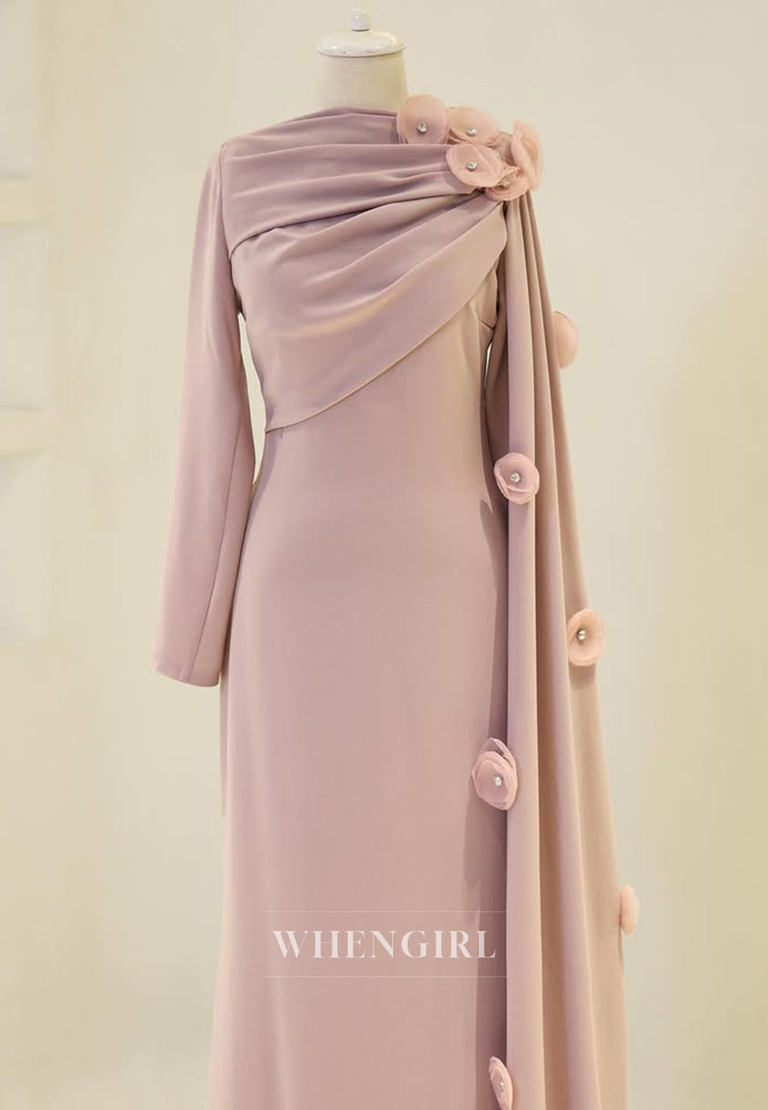Sheath Long Sleeves 3D Flowers Bateau Neck Side Train Back Zipper Long Formal Evening Gown