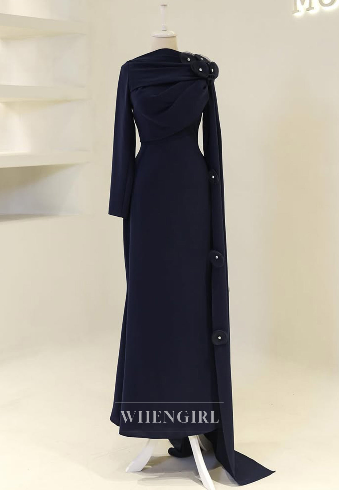 Sheath Long Sleeves 3D Flowers Bateau Neck Side Train Back Zipper Long Formal Evening Gown
