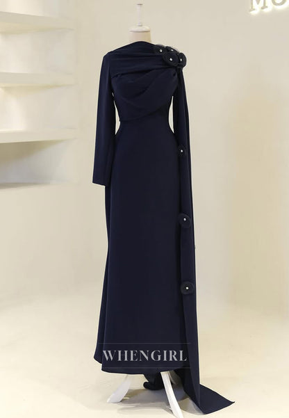 Sheath Long Sleeves 3D Flowers Bateau Neck Side Train Back Zipper Long Formal Evening Gown
