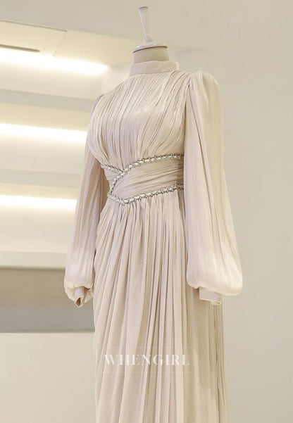 Long Sleeves Pleated Beaded A-Line Floor Length High Neck Sheath Formal Evening Gown