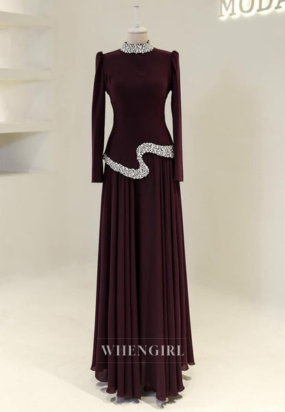 A-Line Beaded High Neck Long Sleeves Floor Length Formal Evening Dress