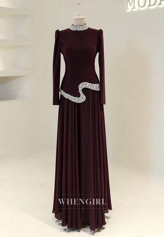A-Line Beaded High Neck Long Sleeves Floor Length Formal Evening Dress