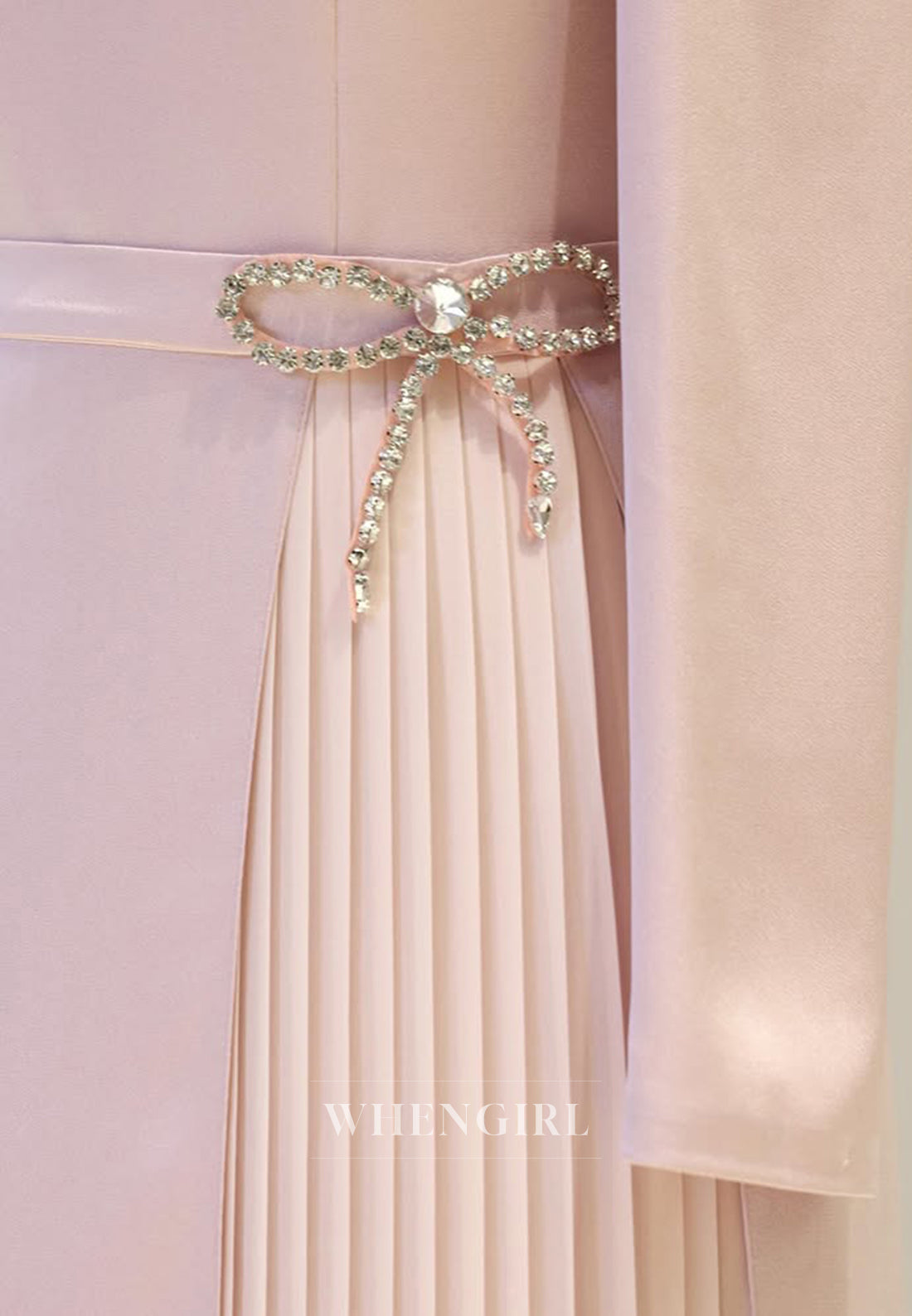 High Neck Long Sleeves Rhinestone Bowknot Pleated Sheath Long Formal Evening Dress