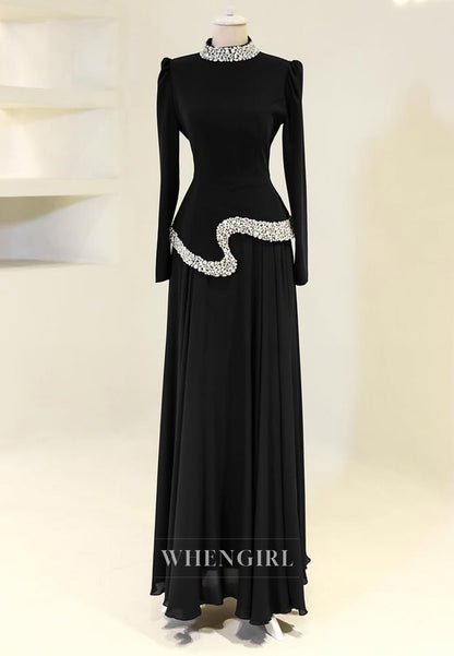 A-Line Beaded High Neck Long Sleeves Floor Length Formal Evening Dress