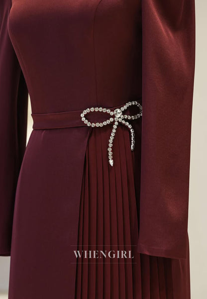 High Neck Long Sleeves Rhinestone Bowknot Pleated Sheath Long Formal Evening Dress