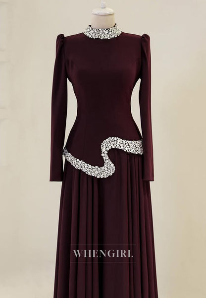 A-Line Beaded High Neck Long Sleeves Floor Length Formal Evening Dress