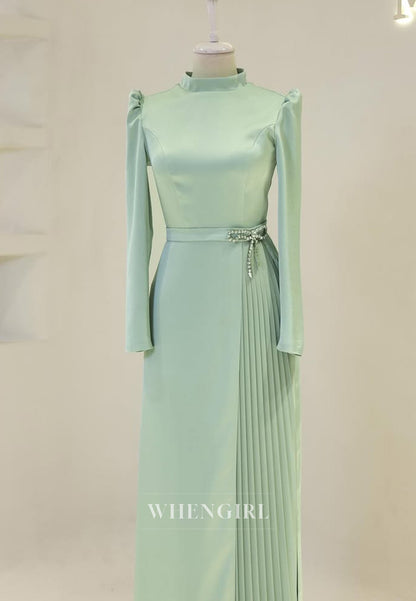 High Neck Long Sleeves Rhinestone Bowknot Pleated Sheath Long Formal Evening Dress
