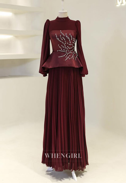 High Neck Long Sleeves Beaded Pleated Floor Length A-Line Formal Evening Dress