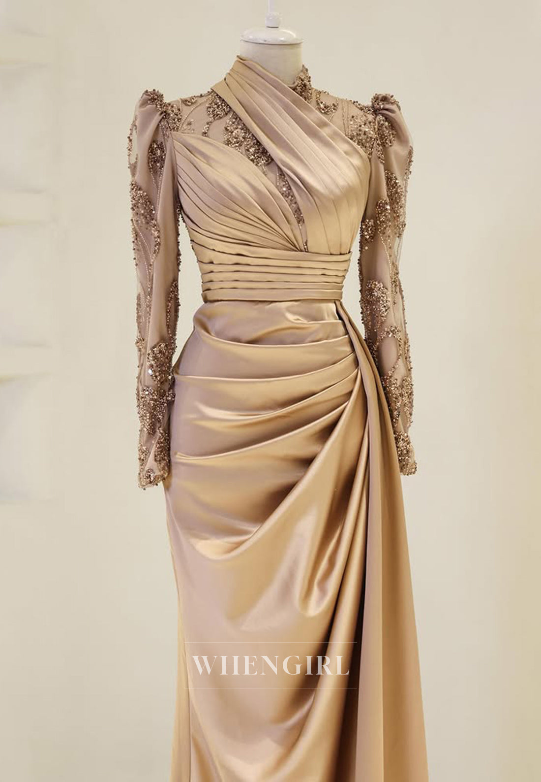 High Neck Beaded Long Sleeves Pleated Sheath Floor Length Evening Formal Dress